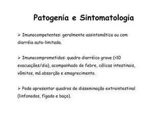Ø  Imunocompetentes: geralmente assintomática ou com
diarréia auto-limitada.
Ø  Imunocomprometidos: quadro diarréico grave (>10
evacuações/dia), acompanhado de febre, cólicas intestinais,
vômitos, má absorção e emagrecimento.
Ø  Pode apresentar quadros de disseminação extraintestinal
(linfonodos, fígado e baço).
Patogenia e Sintomatologia
 