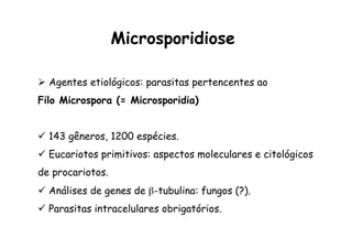 Ø  Agentes etiológicos: parasitas pertencentes ao
Filo Microspora (= Microsporidia)
ü  143 gêneros, 1200 espécies.
ü  Eucariotos primitivos: aspectos moleculares e citológicos
de procariotos.
ü  Análises de genes de β-tubulina: fungos (?).
ü  Parasitas intracelulares obrigatórios.
Microsporidiose
 