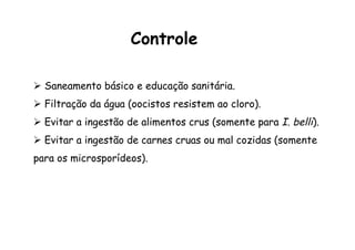 Controle
Ø  Saneamento básico e educação sanitária.
Ø  Filtração da água (oocistos resistem ao cloro).
Ø  Evitar a ingestão de alimentos crus (somente para I. belli).
Ø  Evitar a ingestão de carnes cruas ou mal cozidas (somente
para os microsporídeos).
 
