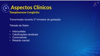 Aspectos Clínicos
Toxoplasmose Congênita
Transmissão durante 2º trimestre de gestação
Tétrade de Sabin
• Hidrocefalia
• Calcificações cerebrais
• Coriorretinite
• Retardo mental
 