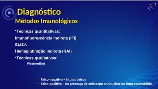 •Técnicas quantitativas:
Imunofluorescência Indireta (IFI)
ELISA
Hemaglutinação indireta (HAI)
•Técnicas qualitativas:
Western Blot
Diagnóstico
Métodos Imunológicos
– Falso-negativo – títulos baixos
– Falso-positivo – na presença de anticorpo antinuclear ou fator reumatóide
 