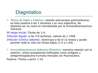 Diagnóstico
  Ténica de Sabín y Feldman: detecta anticuerpos antimembrana;
   se hace positiva a las 2 semanas y es muy específica. No
   obstante por su costo es reemplazada por la Inmunofluorescencia
   indirecta.
SF etapa Inicial: Títulos de 1:4.
Infección Aguda: a las 7-8 semanas, valores de 1:1000
Infección Crónica (latente): disminuye a los 6-12 meses y puede
   persistir toda la vida con títulos bajos (1:4 a 1:64)

  Inmunofluorescencia Indirecta (Fletcher): estrecha relación con la
   anterior; utiliza toxoplasmas liofilizados como antígeno y
   antigammaglobulina humana marcada con Fluoresceína.
Positiva: Títulos a partir 1:16
 