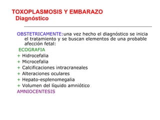 TOXOPLASMOSIS Y EMBARAZO
 Diagnóstico

 OBSTETRICAMENTE:una vez hecho el diagnóstico se inicia
    el tratamiento y se buscan elementos de una probable
    afección fetal:
  ECOGRAFIA
 + Hidrocefalia
 + Microcefalia
 + Calcificaciones intracraneales
 + Alteraciones oculares
 + Hepato-esplenomegalia
 + Volumen del líquido amniótico
 AMNIOCENTESIS
 