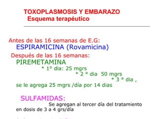 TOXOPLASMOSIS Y EMBARAZO
      Esquema terapéutico


Antes de las 16 semanas de E.G:
  ESPIRAMICINA (Rovamicina)
Después de las 16 semanas:
  PIREMETAMINA
            * 1° dia: 25 mgrs
                         * 2 ° dia 50 mgrs
                                       * 3 ° dia ,
  se le agrega 25 mgrs /día por 14 dias

    SULFAMIDAS:
                Se agregan al tercer día del tratamiento
  en dosis de 3 a 4 grs/día
 