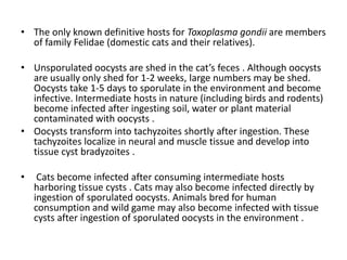 • The only known definitive hosts for Toxoplasma gondii are members
  of family Felidae (domestic cats and their relatives).

• Unsporulated oocysts are shed in the cat’s feces . Although oocysts
  are usually only shed for 1-2 weeks, large numbers may be shed.
  Oocysts take 1-5 days to sporulate in the environment and become
  infective. Intermediate hosts in nature (including birds and rodents)
  become infected after ingesting soil, water or plant material
  contaminated with oocysts .
• Oocysts transform into tachyzoites shortly after ingestion. These
  tachyzoites localize in neural and muscle tissue and develop into
  tissue cyst bradyzoites .

•    Cats become infected after consuming intermediate hosts
    harboring tissue cysts . Cats may also become infected directly by
    ingestion of sporulated oocysts. Animals bred for human
    consumption and wild game may also become infected with tissue
    cysts after ingestion of sporulated oocysts in the environment .
 