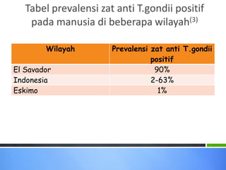 Tabel prevalensi zat anti T.gondii positif
pada manusia di beberapa wilayah(3)
Wilayah
El Savador
Indonesia
Eskimo

Prevalensi zat anti T.gondii
positif
90%
2-63%
1%

 