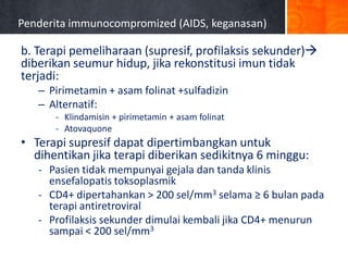 Penderita immunocompromized (AIDS, keganasan)

b. Terapi pemeliharaan (supresif, profilaksis sekunder)
diberikan seumur hidup, jika rekonstitusi imun tidak
terjadi:
– Pirimetamin + asam folinat +sulfadizin
– Alternatif:
- Klindamisin + pirimetamin + asam folinat
- Atovaquone

• Terapi supresif dapat dipertimbangkan untuk
dihentikan jika terapi diberikan sedikitnya 6 minggu:
- Pasien tidak mempunyai gejala dan tanda klinis
ensefalopatis toksoplasmik
- CD4+ dipertahankan > 200 sel/mm3 selama ≥ 6 bulan pada
terapi antiretroviral
- Profilaksis sekunder dimulai kembali jika CD4+ menurun
sampai < 200 sel/mm3

 