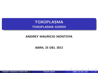 .. 
. 
. .. 
. 
. .. 
. 
.. 
. 
.. 
. 
.. 
. 
. .. 
. 
.. 
. 
.. 
. 
.. 
. 
.. 
. 
.. 
. 
.. 
. 
.. 
. 
.. 
. 
.. 
. 
. .. 
. 
. .. 
. 
.. 
. 
.. 
. 
. 
. 
TOXOPLASMA 
TOXOPLASMA GONDII 
ANDREY MAURICIO MONTOYA 
ABRIL 25 DEL 2012 
ANDREY MAURICIO MONTOYA () TOXOPLASMA ABRIL 25 DEL 2012 1 / 23 
 