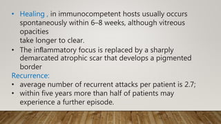 • Healing , in immunocompetent hosts usually occurs
spontaneously within 6–8 weeks, although vitreous
opacities
take longer to clear.
• The inﬂammatory focus is replaced by a sharply
demarcated atrophic scar that develops a pigmented
border
Recurrence:
• average number of recurrent attacks per patient is 2.7;
• within five years more than half of patients may
experience a further episode.
 