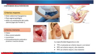 Criterios mayores
• Dolor abdominal hipogástrico
• flujo vaginal patológico
• dolor a la movilización del cuello
uterino (signo de Frenkel +)
Criterios menores
• Fiebre
• Masa anexial palpable
• Leucocitosis
• Eritrosedimentación acelerada o
proteína C reactiva elevada La especificidad diagnostica es de:
 78% si presenta un criterio mayor y un menor
 90% un criterio mayor y dos menores
 96% un criterio mayor y tres menores
CRITERIOS DIAGNÓSTICOS
Roberto Testa. Ginecología. Fundamentos para la práctica clínica (2012)
 