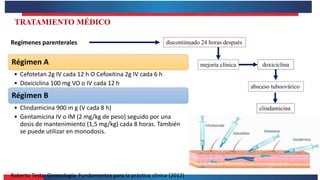 Roberto Testa. Ginecología. Fundamentos para la práctica clínica (2012)
TRATAMIENTO MÉDICO
Régimen A
• Cefotetan 2g IV cada 12 h O Cefoxitina 2g IV cada 6 h
• Doxiciclina 100 mg VO o IV cada 12 h
Régimen B
• Clindamicina 900 m g (V cada 8 h)
• Gentamicina IV o IM (2 mg/kg de peso) seguido por una
dosis de mantenimiento (1,5 mg/kg) cada 8 horas. También
se puede utilizar en monodosis.
Regímenes parenterales discontinuado 24 horas después
mejoría clínica doxiciclina
absceso tuboovárico
clindamicina
 