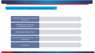 favorecen el ascenso de microorganismos de transmisión sexual.
no uso de métodos anticonceptivos
de barrera
aumento del número de
compañeros sexuales
nivel socioeconómico bajo
etnia (17% en afroamericanas - 10%
en blancas)
tabaquismo
RobertoTesta. Ginecología. Fundamentos para la práctica clínica (2012)
 