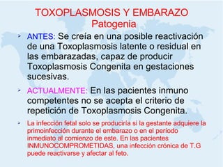 TOXOPLASMOSIS Y EMBARAZO Patogenia ANTES:  Se creía en una posible reactivación de una Toxoplasmosis latente o residual en las embarazadas, capaz de producir Toxoplasmosis Congenita en gestaciones sucesivas. ACTUALMENTE:  En las pacientes inmuno competentes no se acepta el criterio de repetición de Toxoplasmosis Congenita. La infección fetal solo se produciría si la gestante adquiere la primoinfección durante el embarazo o en el período inmediato al comienzo de este. En las pacientes INMUNOCOMPROMETIDAS, una infección crónica de T.G puede reactivarse y afectar al feto. 