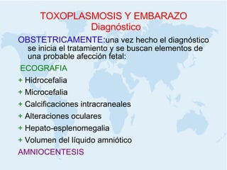 TOXOPLASMOSIS Y EMBARAZO Diagnóstico OBSTETRICAMENTE : una vez hecho el diagnóstico se inicia el tratamiento y se buscan elementos de una probable afección fetal: ECOGRAFIA +  Hidrocefalia +  Microcefalia +  Calcificaciones intracraneales +  Alteraciones oculares +  Hepato-esplenomegalia +  Volumen del líquido amniótico AMNIOCENTESIS 