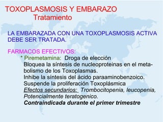 TOXOPLASMOSIS Y EMBARAZO Tratamiento LA EMBARAZADA CON UNA TOXOPLASMOSIS ACTIVA  DEBE SER TRATADA. FARMACOS EFECTIVOS: * Piremetamina:  Droga de elección Bloquea la síntesis de nucleoproteinas en el meta- bolismo de los Toxoplasmas. Inhibe la síntesis del ácido paraaminobenzoico. Suspende la proliferación Toxoplásmica Efectos secundarios:  Trombocitopenia, leucopenia, Potencialmente teratogenico. Contraindicada durante el primer trimestre 