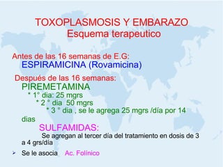 TOXOPLASMOSIS Y EMBARAZO Esquema terapeutico Antes de las 16 semanas de E.G:  ESPIRAMICINA (Rovamicina)  Después de las 16 semanas:  PIREMETAMINA   * 1° dia: 25 mgrs  * 2 ° dia  50 mgrs  * 3 ° dia , se le agrega 25 mgrs /día por 14 dias  SULFAMIDAS:  Se agregan al tercer día del tratamiento en dosis de 3 a 4 grs/día  Se le asocia  Ac. Folínico 