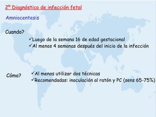 2º Diagnóstico de infección fetal Amniocentesis Cuando? Luego de la semana 16 de edad gestacional Al menos 4 semanas después del inicio de la infección Cómo? Al menos utilizar dos técnicas Recomendadas: inoculación al ratón y PC (sens 65-75%) 
