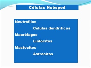 Células Huésped
Neutrófilos
Células dendríticas
Macrófagos
Linfocitos
Mastocitos
Astrocitos
 