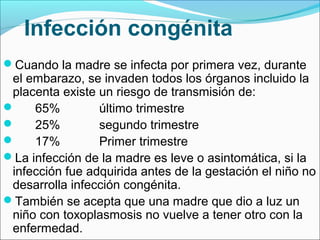 Infección congénita
Cuando la madre se infecta por primera vez, durante
el embarazo, se invaden todos los órganos incluido la
placenta existe un riesgo de transmisión de:
 65% último trimestre
 25% segundo trimestre
 17% Primer trimestre
La infección de la madre es leve o asintomática, si la
infección fue adquirida antes de la gestación el niño no
desarrolla infección congénita.
También se acepta que una madre que dio a luz un
niño con toxoplasmosis no vuelve a tener otro con la
enfermedad.
 