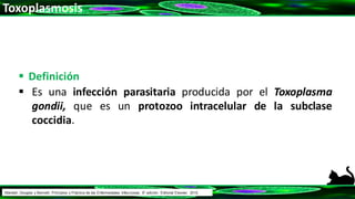Toxoplasmosis
 Definición
 Es una infección parasitaria producida por el Toxoplasma
gondii, que es un protozoo intracelular de la subclase
coccidia.
Mandell, Douglas y Bennett: Principios y Práctica de las Enfermedades Infecciosas. 8° edición. Editorial Elsevier. 2015.
 