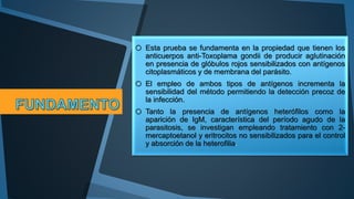 o Esta prueba se fundamenta en la propiedad que tienen los 
anticuerpos anti-Toxoplama gondii de producir aglutinación 
en presencia de glóbulos rojos sensibilizados con antígenos 
citoplasmáticos y de membrana del parásito. 
o El empleo de ambos tipos de antígenos incrementa la 
sensibilidad del método permitiendo la detección precoz de 
la infección. 
o Tanto la presencia de antígenos heterófilos como la 
aparición de IgM, característica del período agudo de la 
parasitosis, se investigan empleando tratamiento con 2- 
mercaptoetanol y eritrocitos no sensibilizados para el control 
y absorción de la heterofilia. 
 