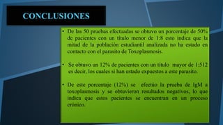 CONCLUSIONES 
• De las 50 pruebas efectuadas se obtuvo un porcentaje de 50% 
de pacientes con un título menor de 1:8 esto indica que la 
mitad de la población estudiantil analizada no ha estado en 
contacto con el parasito de Toxoplasmosis. 
• Se obtuvo un 12% de pacientes con un título mayor de 1:512 
es decir, los cuales si han estado expuestos a este parasito. 
• De este porcentaje (12%) se efectúo la prueba de IgM a 
toxoplasmosis y se obtuvieron resultados negativos, lo que 
indica que estos pacientes se encuentran en un proceso 
crónico. 
 