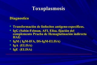 ToxoplasmosisToxoplasmosis
DiagnosticoDiagnostico
 Transformación de linfocitos antígeno-específicos.Transformación de linfocitos antígeno-específicos.
 IgG (Sabin-Felman, AFI, Elisa, fijación delIgG (Sabin-Felman, AFI, Elisa, fijación del
complemento Prueba de Hemaglutinación indirectacomplemento Prueba de Hemaglutinación indirecta
HAI)HAI)
 IgM ( IgM-IFA, DS-IgM-ELISA)IgM ( IgM-IFA, DS-IgM-ELISA)
 IgA (ELISA)IgA (ELISA)
 IgE (ELISA)IgE (ELISA)
 