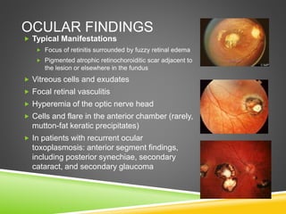 OCULAR FINDINGS
 Typical Manifestations
 Focus of retinitis surrounded by fuzzy retinal edema
 Pigmented atrophic retinochoroiditic scar adjacent to
the lesion or elsewhere in the fundus
 Vitreous cells and exudates
 Focal retinal vasculitis
 Hyperemia of the optic nerve head
 Cells and flare in the anterior chamber (rarely,
mutton-fat keratic precipitates)
 In patients with recurrent ocular
toxoplasmosis: anterior segment findings,
including posterior synechiae, secondary
cataract, and secondary glaucoma
 