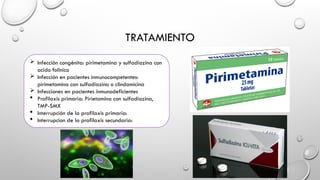 TRATAMIENTO
 Infección congénita: pirimetamina y sulfadiazina con
acido folinico
 Infección en pacientes inmunocompetentes:
pirimetamina con sulfadiazina o clindamicina
 Infecciones en pacientes inmunodeficientes
 Profilaxis primaria: Pirietamina con sulfadiazina,
TMP-SMX
 Interrupción de la profilaxis primaria:
 Interrupcion de la profilaxis secundaria:
 
