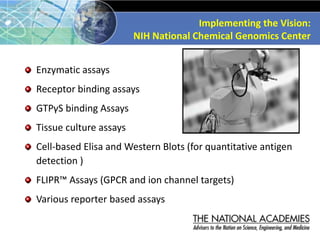 Enzymatic assays
Receptor binding assays
GTPγS binding Assays
Tissue culture assays
Cell-based Elisa and Western Blots (for quantitative antigen
detection )
FLIPR™ Assays (GPCR and ion channel targets)
Various reporter based assays
Implementing the Vision:
NIH National Chemical Genomics Center
 