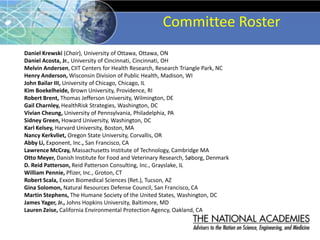 Committee Roster
Daniel Krewski (Chair), University of Ottawa, Ottawa, ON
Daniel Acosta, Jr., University of Cincinnati, Cincinnati, OH
Melvin Andersen, CIIT Centers for Health Research, Research Triangle Park, NC
Henry Anderson, Wisconsin Division of Public Health, Madison, WI
John Bailar III, University of Chicago, Chicago, IL
Kim Boekelheide, Brown University, Providence, RI
Robert Brent, Thomas Jefferson University, Wilmington, DE
Gail Charnley, HealthRisk Strategies, Washington, DC
Vivian Cheung, University of Pennsylvania, Philadelphia, PA
Sidney Green, Howard University, Washington, DC
Karl Kelsey, Harvard University, Boston, MA
Nancy Kerkvliet, Oregon State University, Corvallis, OR
Abby Li, Exponent, Inc., San Francisco, CA
Lawrence McCray, Massachusetts Institute of Technology, Cambridge MA
Otto Meyer, Danish Institute for Food and Veterinary Research, Søborg, Denmark
D. Reid Patterson, Reid Patterson Consulting, Inc., Grayslake, IL
William Pennie, Pfizer, Inc., Groton, CT
Robert Scala, Exxon Biomedical Sciences (Ret.), Tucson, AZ
Gina Solomon, Natural Resources Defense Council, San Francisco, CA
Martin Stephens, The Humane Society of the United States, Washington, DC
James Yager, Jr., Johns Hopkins University, Baltimore, MD
Lauren Zeise, California Environmental Protection Agency, Oakland, CA
 