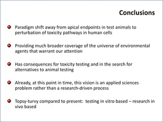 Conclusions
Paradigm shift away from apical endpoints in test animals to
perturbation of toxicity pathways in human cells
Providing much broader coverage of the universe of environmental
agents that warrant our attention
Has consequences for toxicity testing and in the search for
alternatives to animal testing
Already, at this point in time, this vision is an applied sciences
problem rather than a research-driven process
Topsy-turvy compared to present: testing in vitro based – research in
vivo based
 