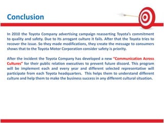 Conclusion
In 2010 the Toyota Company advertising campaign reasserting Toyota’s commitment
to quality and safety. Due to Its arrogant culture it fails. After that the Toyota tries to
recover the issue. So they made modifications, they create the message to consumers
shows that to the Toyota Motor Corporation consider safety is priority.
After the incident the Toyota Company has developed a new “Communication Across
Cultures” for their public relation executives to prevent future discord. This program
will be implement each and every year and different selected representative will
participate from each Toyota headquarters. This helps them to understand different
culture and help them to make the business success in any different cultural situation.
 