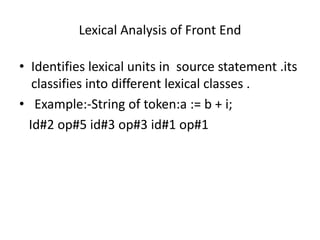 Lexical Analysis of Front End
• Identifies lexical units in source statement .its
classifies into different lexical classes .
• Example:-String of token:a := b + i;
Id#2 op#5 id#3 op#3 id#1 op#1
 