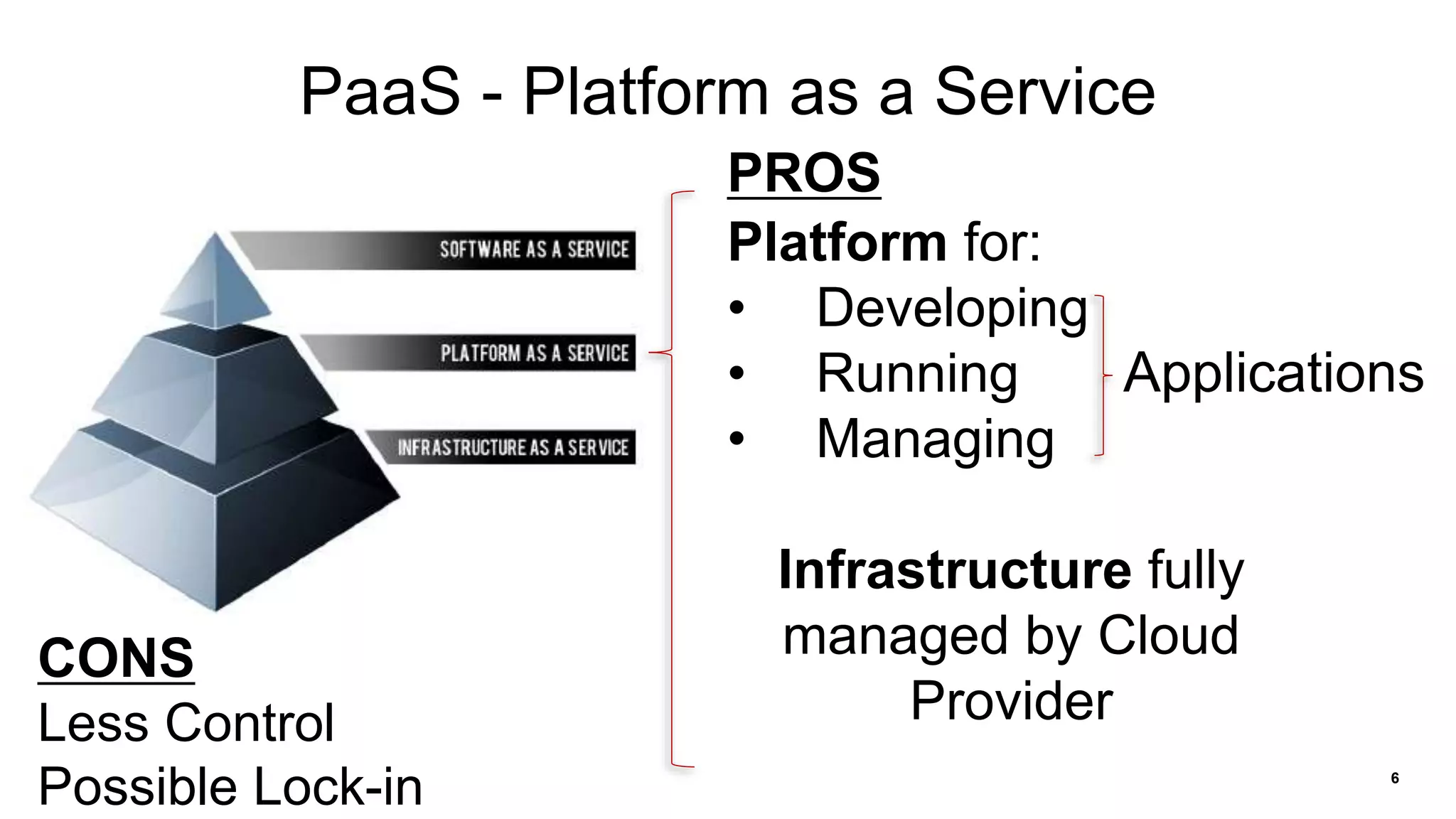 6
PaaS - Platform as a Service
Platform for:
• Developing
• Running
• Managing
Infrastructure fully
managed by Cloud
Provider
Applications
PROS
CONS
Less Control
Possible Lock-in
 