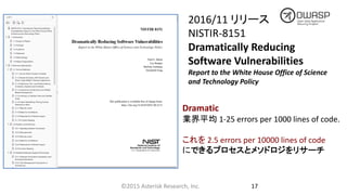 ©2015	Asterisk	Research,	Inc. 17
2016/11	リリース
NISTIR-8151
Dramatically	Reducing	
Software	Vulnerabilities
Report	to	the	Wh...