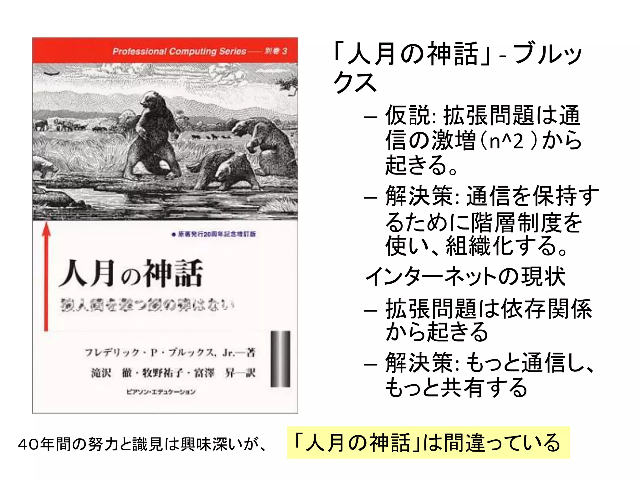「人月の神話」 - ブルッ
クス
– 仮説: 拡張問題は通
信の激増（n^2 ）から
起きる。
– 解決策: 通信を保持す
るために階層制度を
使い、組織化する。
インターネットの現状
– 拡張問題は依存関係
から起きる
– 解決策: もっと通信し、
もっと共有する
「人月の神話」は間違っている４０年間の努力と識見は興味深いが、
 