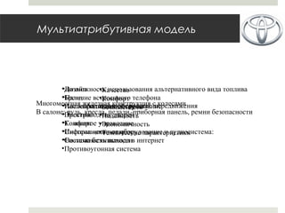 Мультиатрибутивная модель
Автономное средство передвиженияМногоместная железная конструкция с колесами
В салоне: руль, кресла, педали, приборная панель, ремни безопасности
•Качество
•Комфорт
•Безопасность
•Надежность
•Экономичность
•Технические характеристики
•Дизайн
•Бренд
•Послепродажное обслуживание
•Престиж
•Комфорт
•Информационное оборудование и аудиосистема:
•Система безопасности
•Противоугонная система
•Возможность использования альтернативного вида топлива
•Наличие встроенного телефона
•Автопилот с навигатором
•Электроводчик дверей
•Голосовое управление
•Система «стоп-старт»
•Возможность выхода в интернет
 