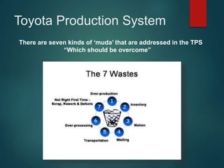There are seven kinds of ‘muda’ that are addressed in the TPS
“Which should be overcome”
Toyota Production System
 