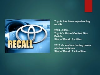 Toyota has been experiencing
recalls
2009 - 2010:-
Toyota's Out-of-Control Gas
Pedals,
Size of Recall: 9 million
2012:-fix malfunctioning power
window switches
Size of Recall: 7.43 million
 