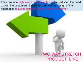 TWO WAY STRETCH
PRODUCT LINE
They produce high luxury car to simple car that satisfied the need
of both the customers. It manufacture various design of the
automobile focusing different income level of customer.
 