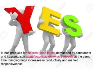 It has products for different price points demanded by consumers
and its plants can manufacture as many as 8 models at the same
time ,bringing huge increases in productivity and market
responsiveness.
 