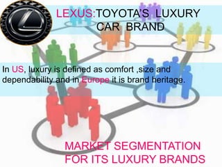 MARKET SEGMENTATION
FOR ITS LUXURY BRANDS
LEXUS:TOYOTA’S LUXURY
CAR BRAND
In US, luxury is defined as comfort ,size and
dependability and in Europe it is brand heritage.
 