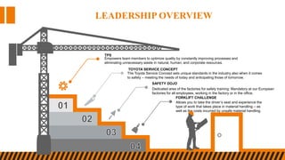 Empowers team members to optimize quality by constantly improving processes and
eliminating unnecessary waste in natural, human, and corporate resources.
TPS
The Toyota Service Concept sets unique standards in the industry also when it comes
to safety – meeting the needs of today and anticipating those of tomorrow.
TOYOTA SERVICE CONCEPT
Dedicated area of the factories for safety training: Mandatory at our European
factories for all employees, working in the factory or in the office.
SAFETY DOJO
Allows you to take the driver’s seat and experience the
type of work that takes place in material handling – as
well as the costs incurred by unsafe material handling.
FORKLIFT CHALLENGE
LEADERSHIP OVERVIEW
 
