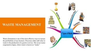 WASTE MANAGEMENT
Waste elimination is one of the most effective ways to increase
the profitability of any business. Processes either add value or
waste to the production of a good or service. The seven wastes
originated in Japan, where waste is known as “muda."
 