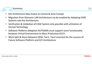 Summary 26
• E/E Architecture May Evolve to Central & Zone Conept
• Migration from Domanin LAN Architecture my be enabled ...
