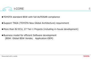 8
◆TOYOTA standard BSW with full AUTOSAR compliance
◆Support TNGA (TOYOTA New Global Architecture) requirement
◆More than ...