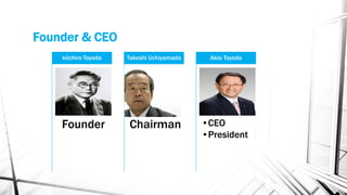 Founder & CEO
Founder
kiichiro Toyoda
Chairman
Takeshi Uchiyamada
•CEO
•President
Akio Toyoda
 