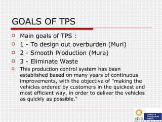 GOALS OF TPS Main goals of TPS :  1 - To design out overburden (Muri) 2 - Smooth Production (Mura) 3 - Eliminate Waste   This production control system has been established based on many years of continuous improvements, with the objective of "making the vehicles ordered by customers in the quickest and most efficient way, in order to deliver the vehicles as quickly as possible."  