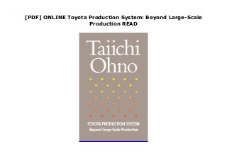 [PDF] ONLINE Toyota Production System: Beyond Large-Scale
Production READ
Free Toyota Production System: Beyond Large-Scale Production In this classic text, Taiichi Ohno--inventor of the Toyota Production System and Lean manufacturing--shares the genius that sets him apart as one of the most disciplined and creative thinkers of our time. Combining his candid insights with a rigorous analysis of Toyota's attempts at Lean production, Ohno's book explains how Lean principles can improve any production endeavor. A historical and philosophical description of just-in-time and Lean manufacturing, this work is a must read for all students of human progress. On a more practical level, it continues to provide inspiration and instruction for those seeking to improve efficiency through the elimination of waste.
 